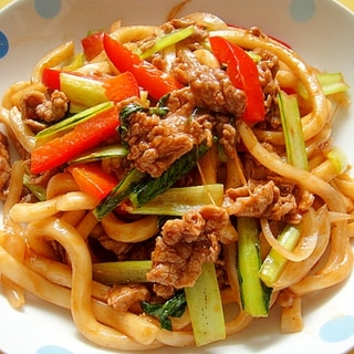 牛肉とパプリカ小松菜のソース焼きうどん